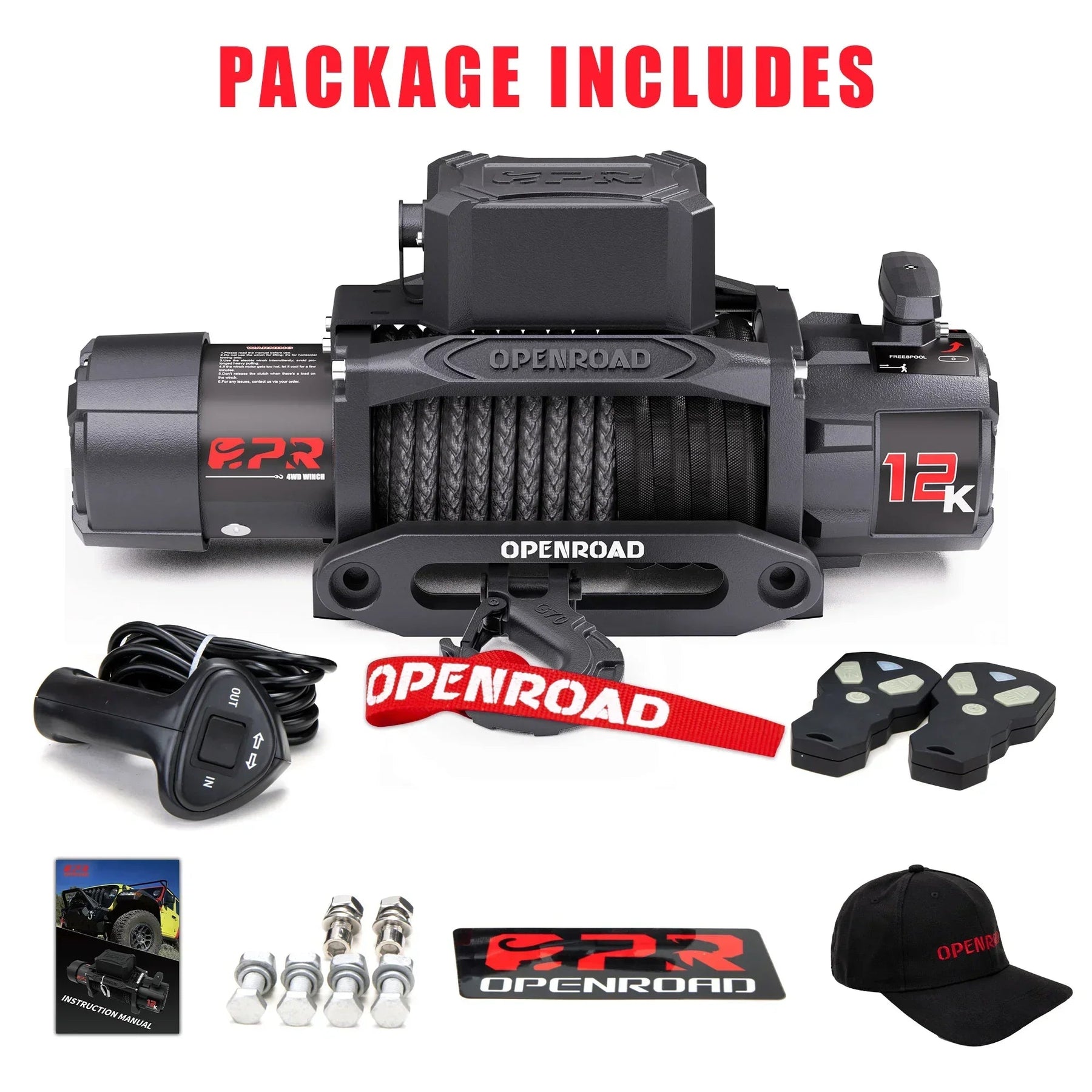 OPENROAD 12,000lbs Wireless Electric Winch with Synthetic Rope - IP68 Rated