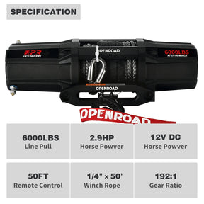 OPENROAD 6,000lbs 12V UTV SxS Wireless Electric Winch with Synthetic Rope - IP68 Rated