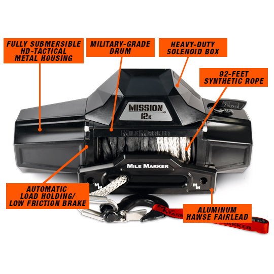 Mile Marker Mission Series Winch – 12V Military-Grade 12,000 lb Synthetic Rope Winch