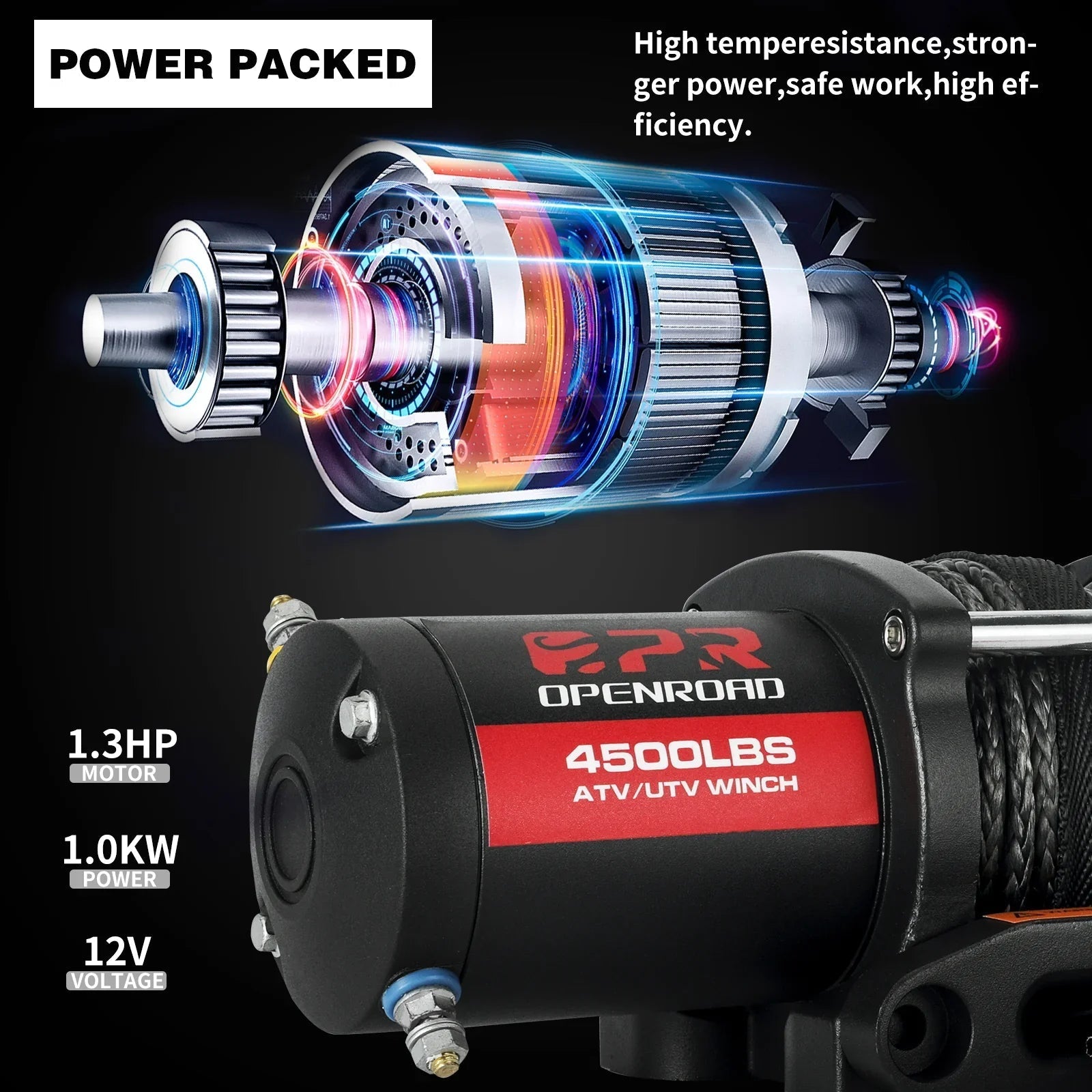 OPENROAD 4,500lbs 12V UTV SxS Wireless Electric Winch with Synthetic Rope - IP68 Rated